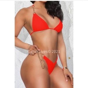 New Red Hot Gold Chain Triangle Ruched Tiny String Bikini Swim Set Medium